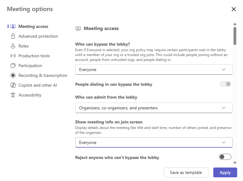 Meeting Options window
