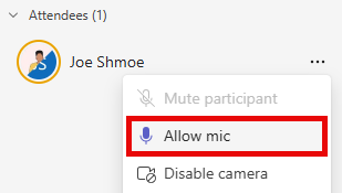 Attendee context menu with Allow Mic highlighted