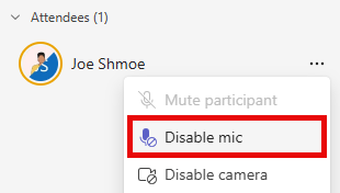 Attendee context menu with Disable Mic highlighted