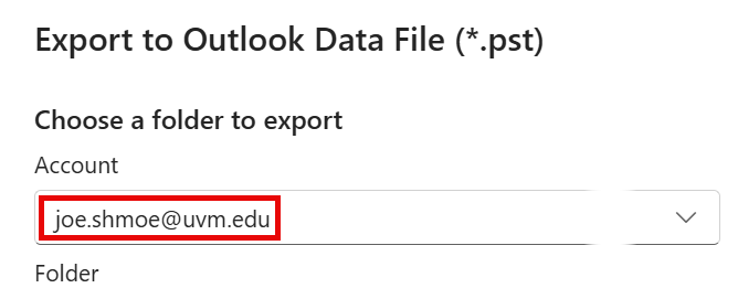 Account drop-down menu with UVM address highlighted