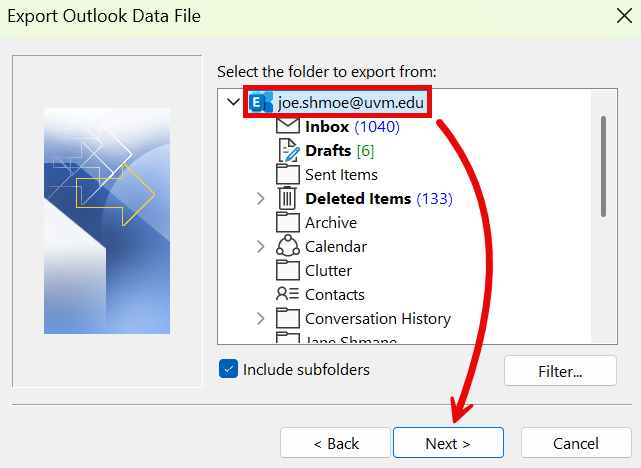 UVM mailbox folder and Next button