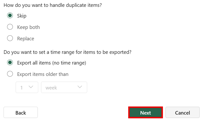 Default options and Next button