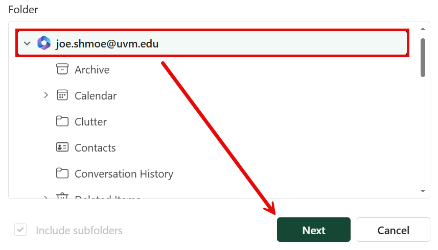 Mailbox folder and Next button