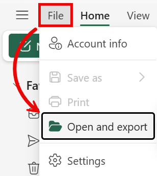 File menu with Open and Export highlighted