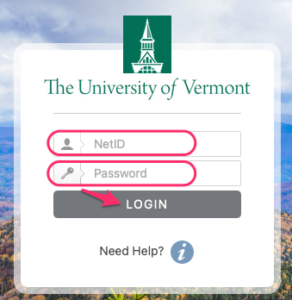 UVM NetID Login screen with circles and arrow