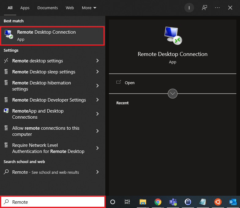 Windows start menu search for Remote Desktop Connection