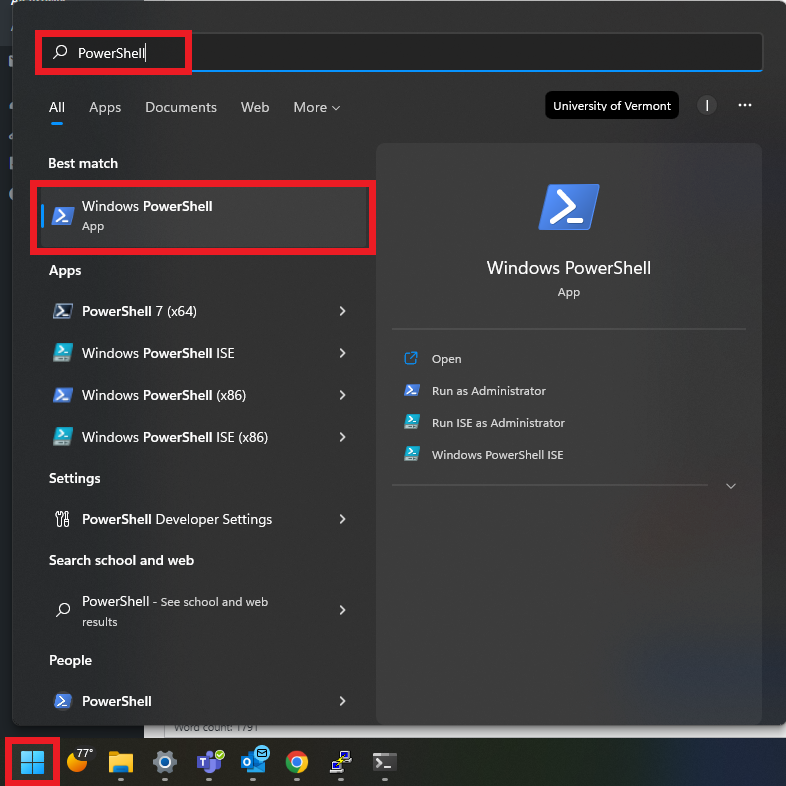 Windows start menu search for PowerShell