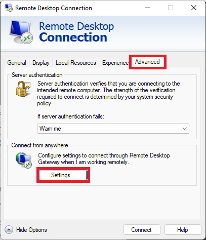 Remote Desktop Connection advanced settings window.