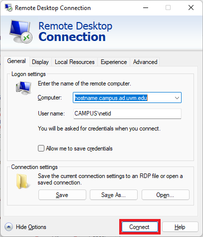 Remote Desktop Connection connect window.
