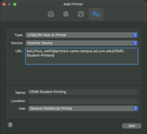 macOS Add Printer window Advanced tab
