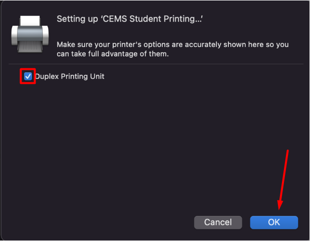 macOS Add Printer additional options example