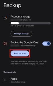 Creating an initial Google backup.
