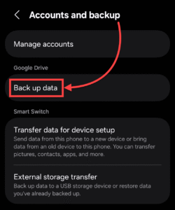 Backups in the Android Settings app.