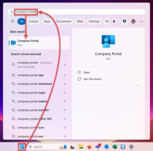 Using Windows search to find Company Portal.