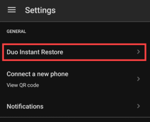 Navigating to Duo Instant Restore settings.