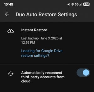 Duo Instant Restore is enabled.