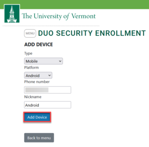 Form for adding a multifactor device.