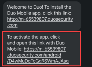 Text message with a link to activate the Duo app.