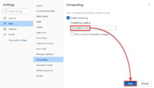 Exchange Online enter forwarding address and Save.