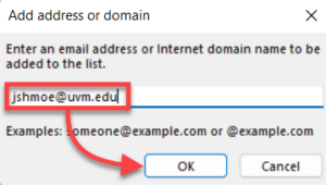 Outlook Add address or domain to safe sender list.