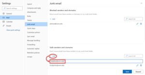 Exchange Online add safe sender.