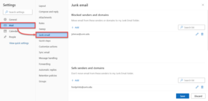 Exchange Online Junk mail Settings.