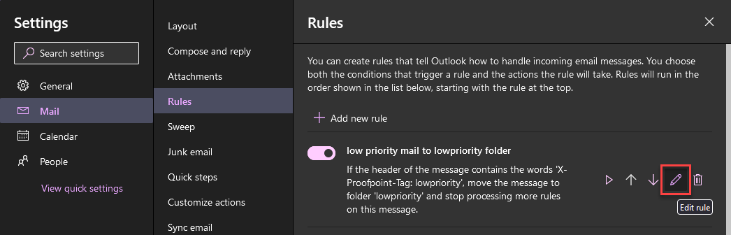 Diagram indicating the "Edit" button for a previously-created "lowpriority" mail rule in EXO