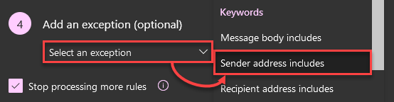 Diagram indicating how to add an exception to a mail rule based on the sender's address in EXO
