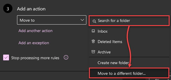 Diagram indicating how to choose a folder other than the Inbox, Deleted Items, or Archive for a mail rule in EXO