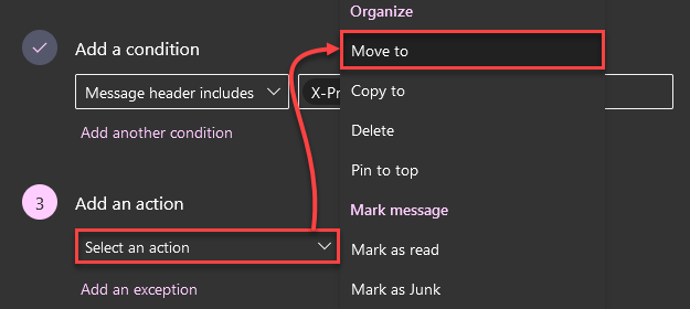 Diagram indicating how to choose "Move to" as an action for a mail rule in EXO