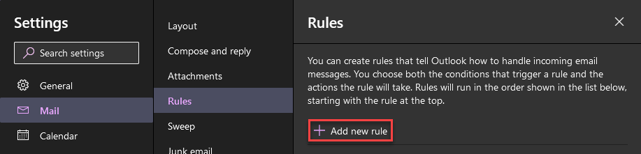 Diagram indicating how to start adding a new rule for mail in EXO