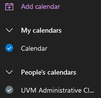 Cropped screenshot showing a successfully added UVM calendar in the Calendars pane of EXO