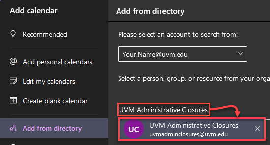 Diagram indicating how to search for and add a UVM calendar to EXO