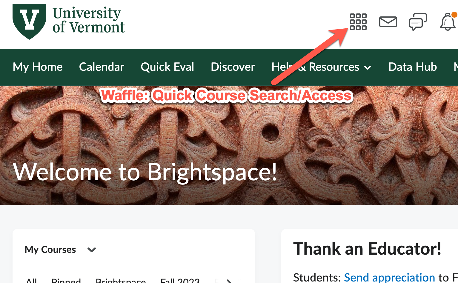 Image with arrow pointing to course search button and text that says Waffle: quick course search access.