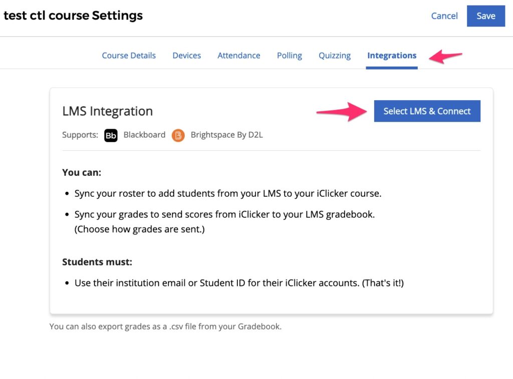 iClicker Cloud LMS Integrations tab with Select LMS & Connect button highlighted