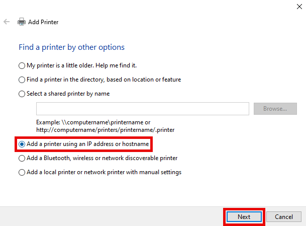 Screenshot of Windows 10 Add Printer option "Add a printer using an IP address or hostname".