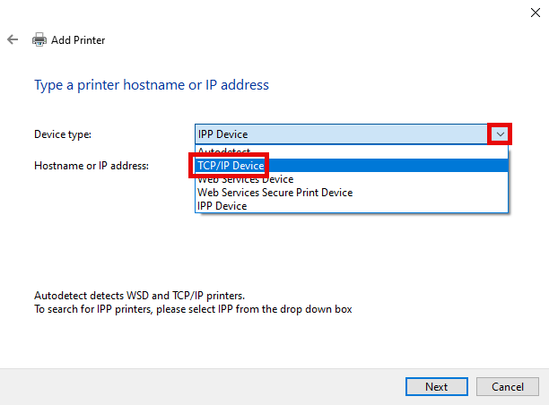 Screenshot of Windows 10 Add Printer Device Type option "TCP/IP Device".