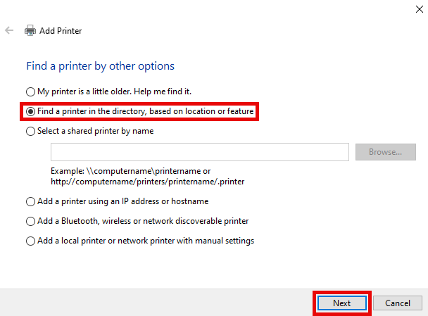 Screenshot of Windows 10 Add Printer option "Find a printer in the directory, based on location or feature".