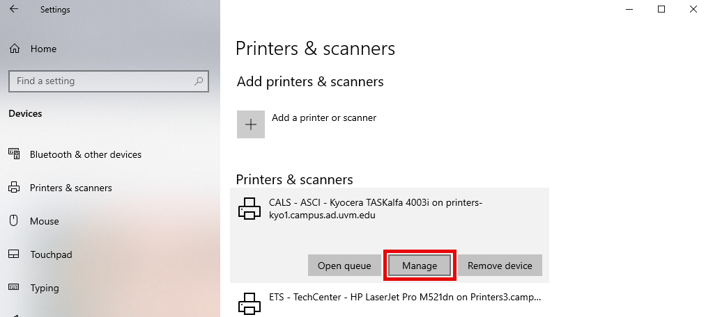 Screenshot of Windows 10 Settings Manage printer button.