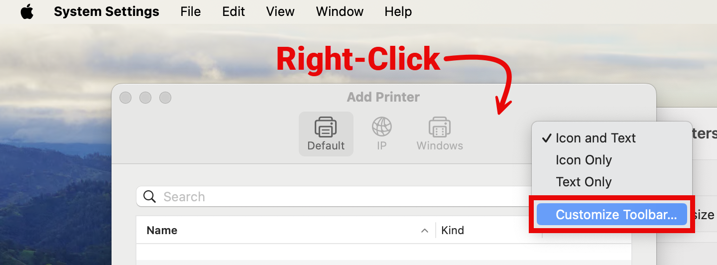 MacOS Add Printer window.