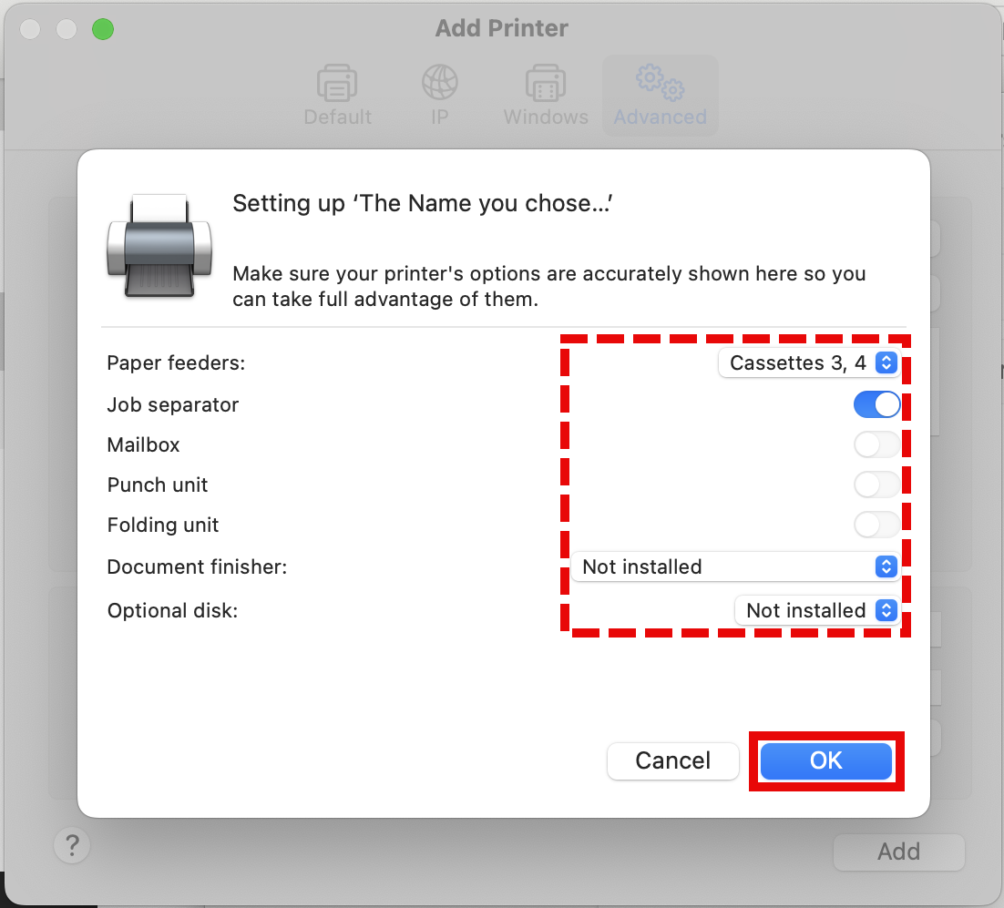 macOS Add Printer additional features.