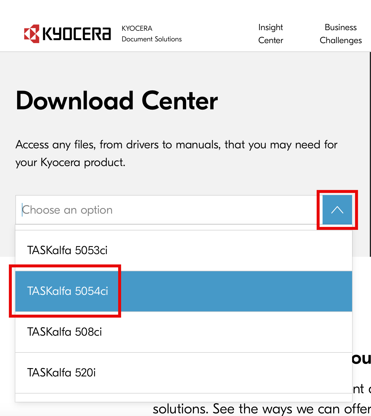 Kyocera Download Center product selection menu.