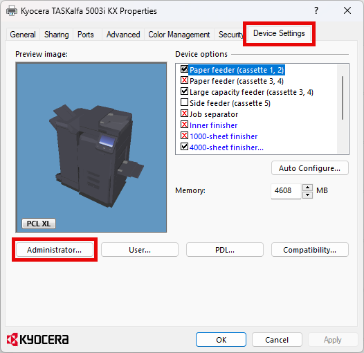 Windows 11 Kyocera Properties Device Settings Administrator button.
