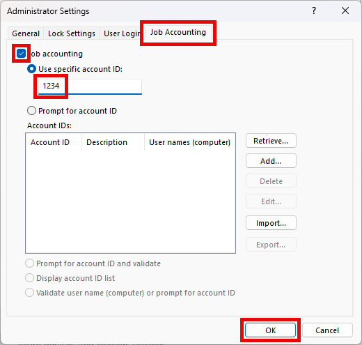 Windows 11 Job Accounting ID entry.