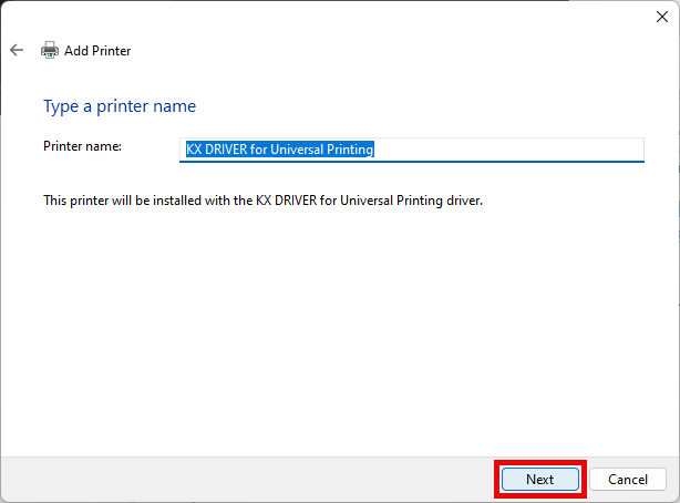 Screenshot of Windows 11 Printer name entry.