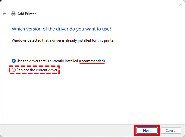 Screenshot of Windows 11 Add Printer replace driver selection.