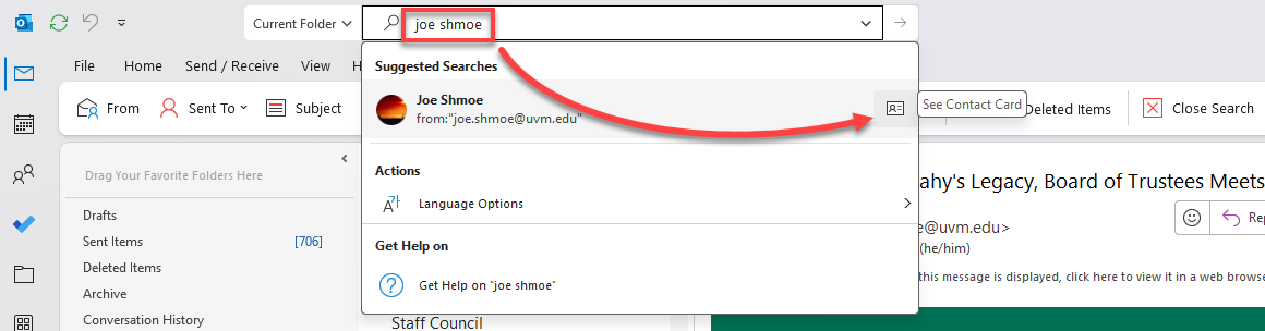 Outlook for PC Search and Contact Card button