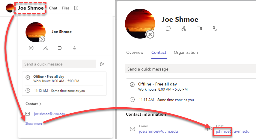 Teams Contact Card showing NetID