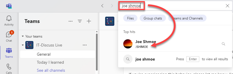 Teams Search showing NetID