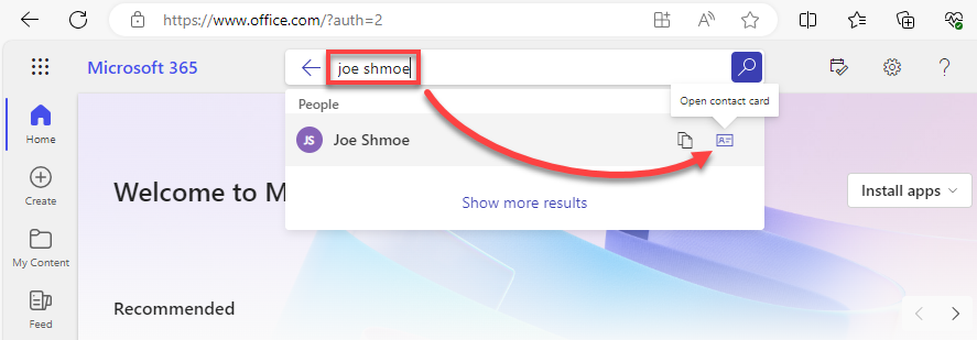 Office.com Search and Contact Card button